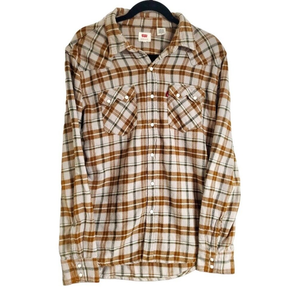 Levis San Francisco Mens Beige Checked Long Sleeve Shirt Button Up SZ L Flannel
